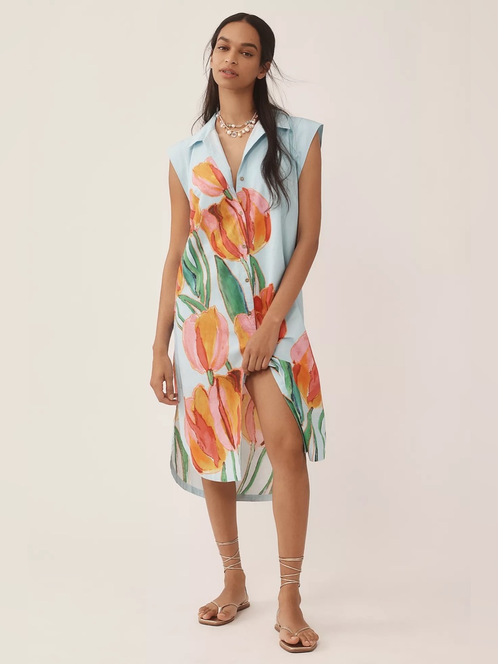 🌷 Maeve Anthropologie Tulip Floral Button-Front Midi Dress Blue M